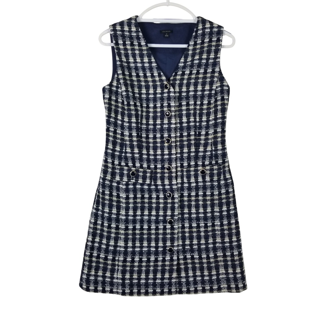 Ann Taylor Tweed Sheath Dress Womens 10 Navy Blue White Metallic Button Front